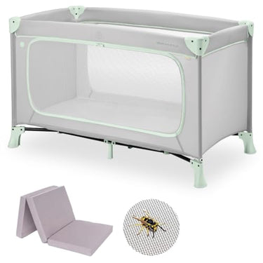Hauck Baby Reisebett Set Dream n Play Plus mit Matratze und Moskitonetz - faltbares Kinder Babyreisebett mit Tasche und großem Eingang - Dusty Mint im Sale